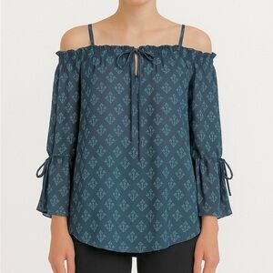 FIGUE 100% silk off shoulder Pom Pom blouse